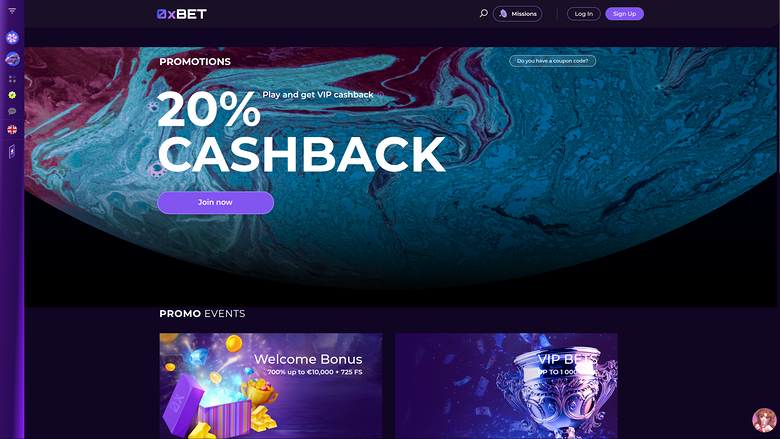 0XBet Casino — Promotions page