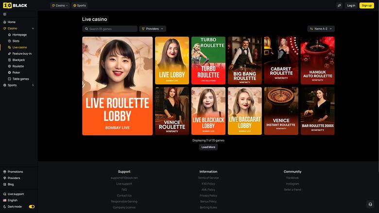 10Black Casino — Live dealer lobby