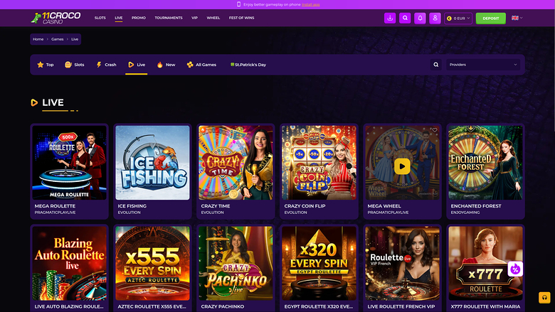 11croco Casino — Live dealer lobby