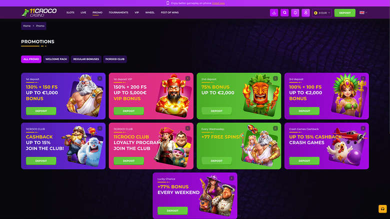 11croco Casino — Promotions page