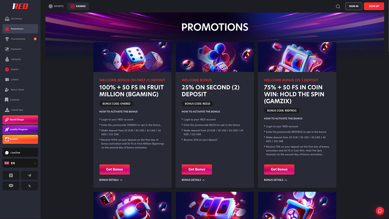1red Casino — Promotions page