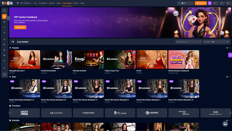 1xBit Casino — Live dealer lobby