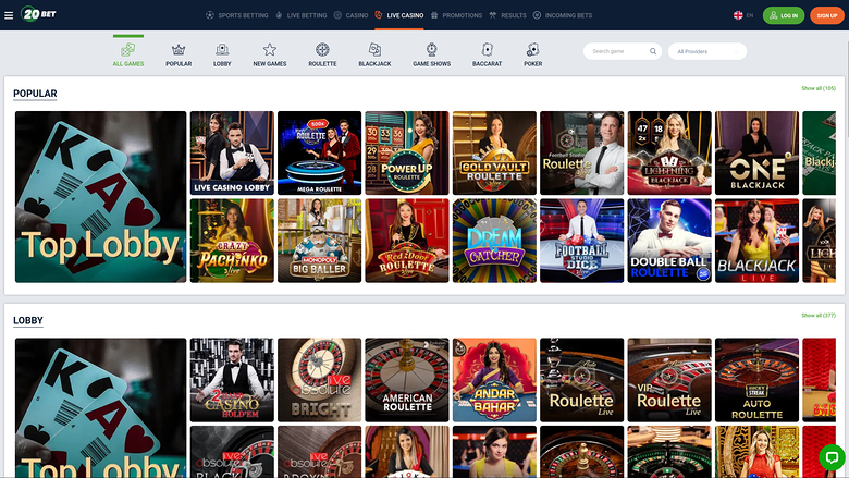 20Bet Casino — Live dealer lobby