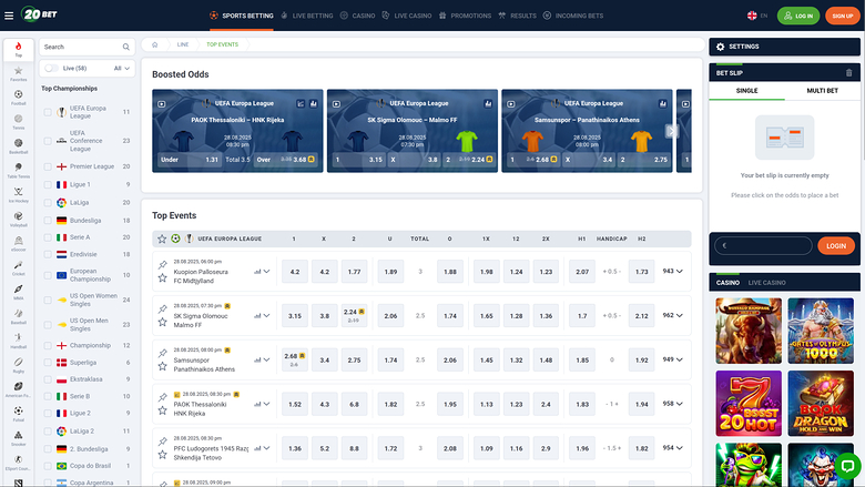20Bet Casino — Sportsbook