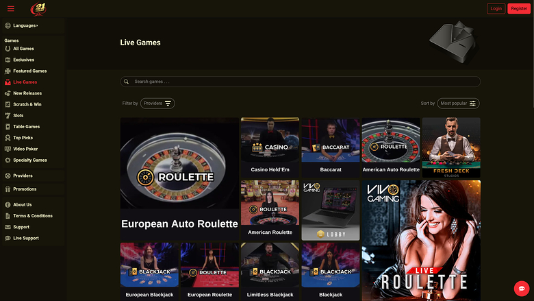 21 Grand Casino — Live dealer lobby