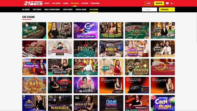 21Bets — Live dealer lobby
