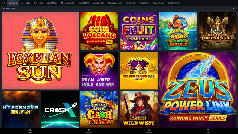 A casino lobby screen showing a grid of game tiles under a top navigation bar with category tabs.