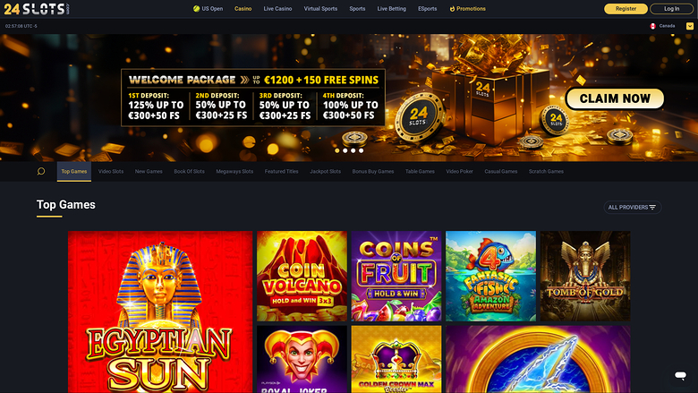 A 24Slots online casino lobby page showing a welcome package banner and a Top Games grid of game tiles.