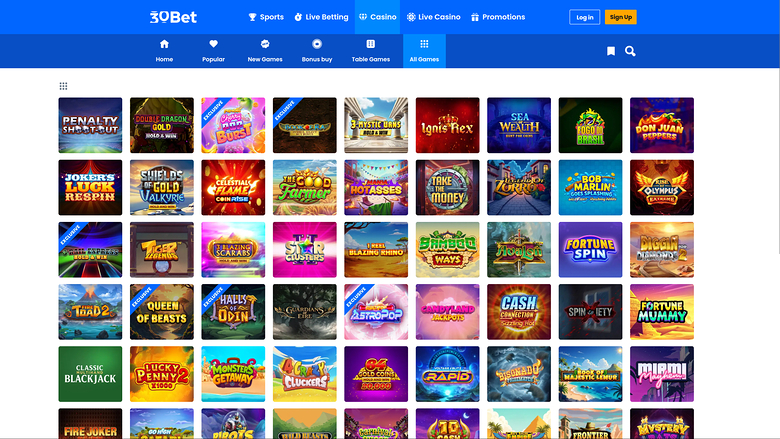 A 30Bet casino lobby page showing a grid of game thumbnails beneath a blue header and category bar.
