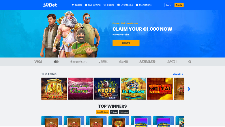 A 30Bet casino homepage shows a blue welcome-bonus hero banner, payment logos, a casino game row and a Top Winners section.