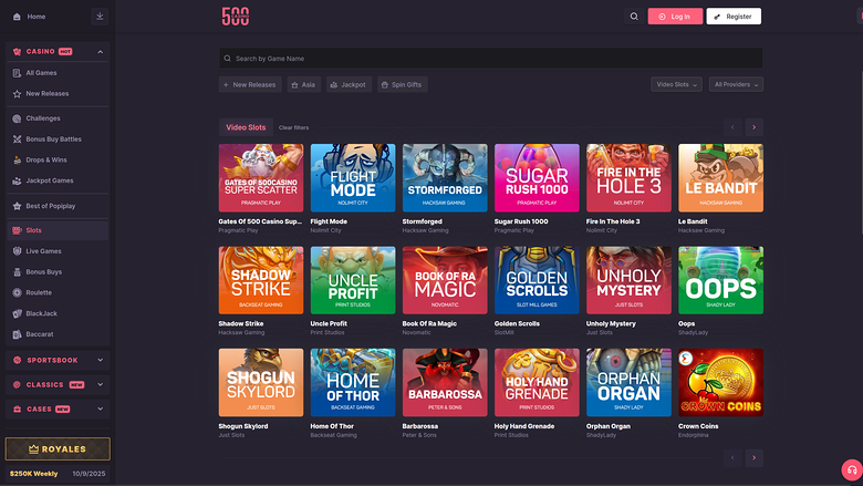 An online casino lobby screen showing a dark-themed site with a left sidebar menu and a grid of video slot game tiles.