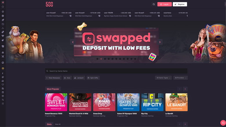 An online casino lobby screen showing a promotional hero banner, a search bar with filters, and a row of game tiles under a Most Popular heading.