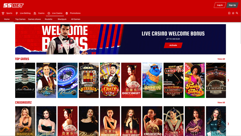 55Bet Casino — Live dealer lobby