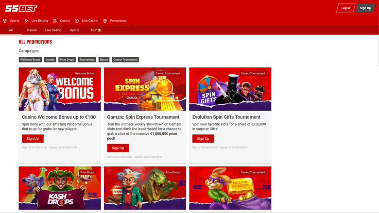 55Bet Casino — Promotions page