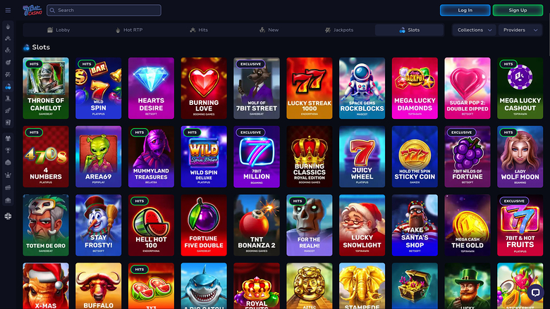 An online casino slots lobby displays a grid of game tiles beneath a top navigation bar with search, login and sign-up controls.