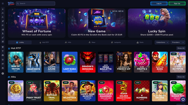 An online casino lobby screen showing promotional banners, a Hot RTP game row and a Hits game row beneath a top bar with search, Log In and Sign Up buttons.