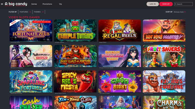 A casino lobby screen titled 'A big candy' showing a grid of video slot game tiles with filter and sort controls.