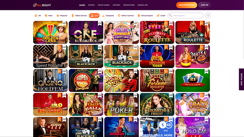 All Right Casino — Live dealer lobby