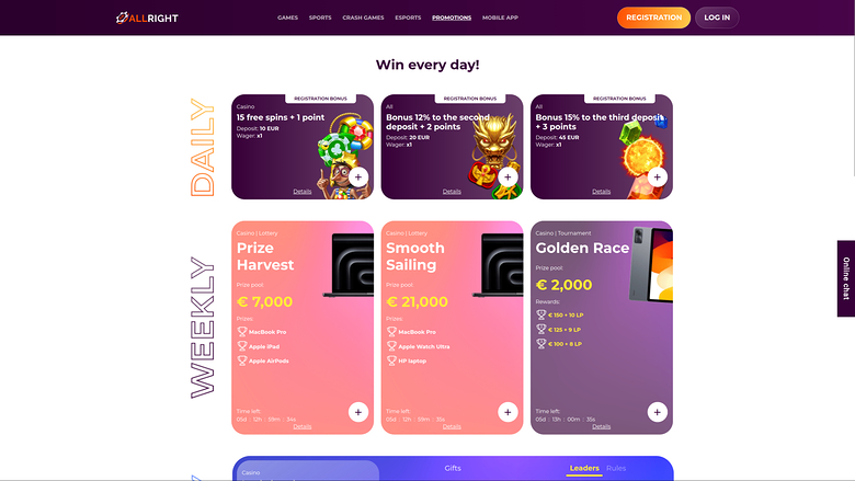 All Right Casino — Promotions page