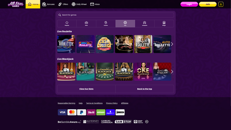 All Star Games Casino — Live dealer lobby