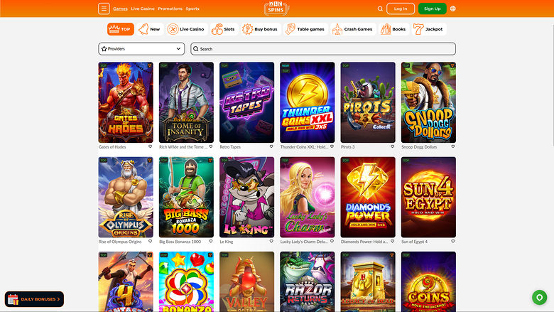 A casino lobby screen showing a grid of game tiles under a category menu and search bar.