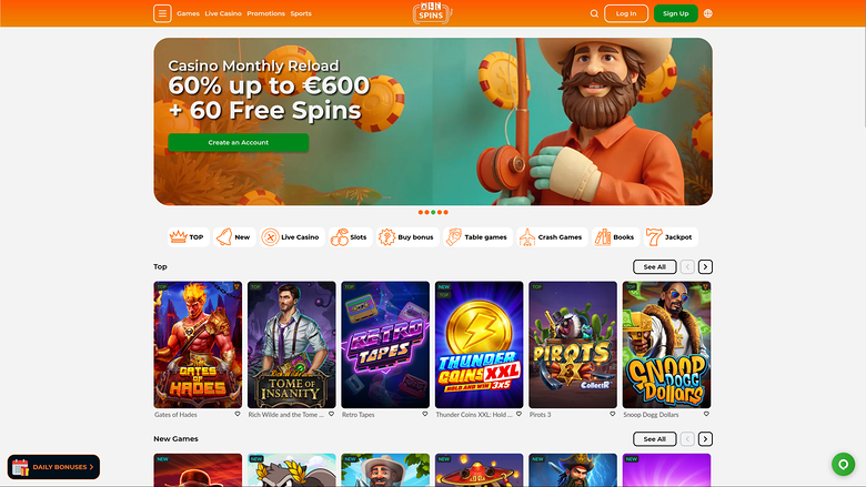 Online casino homepage showing a welcome bonus hero banner, a category tab bar and rows of game tiles.