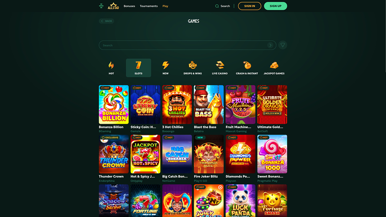A 'GAMES' lobby page on an online casino site showing a search bar, category tabs and a grid of game tiles.