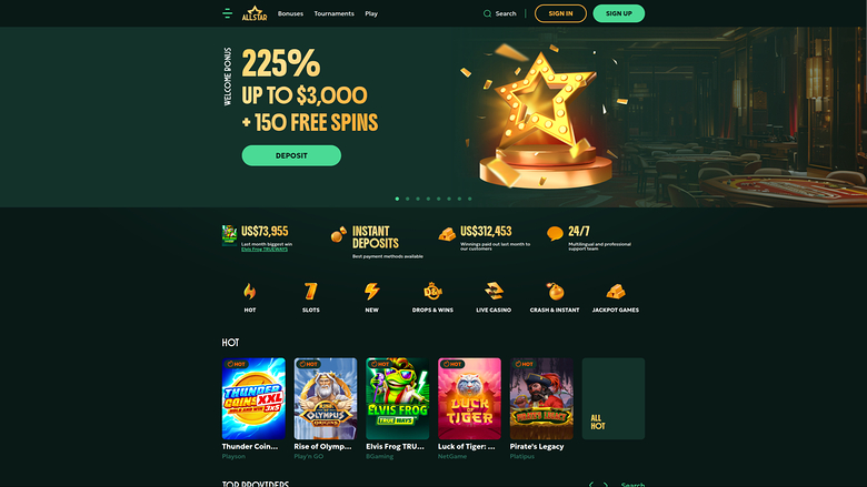 An online casino homepage showing a welcome bonus hero banner, trust badges, game category icons and a row of HOT game tiles.