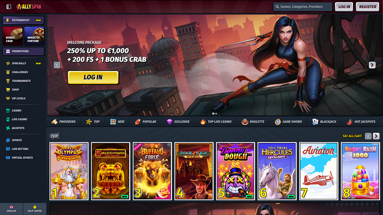 An online casino lobby homepage for Allyspin showing a welcome bonus hero banner and a row of top game tiles.