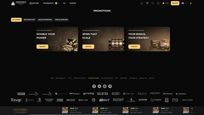 Anonymous Casino — Promotions page