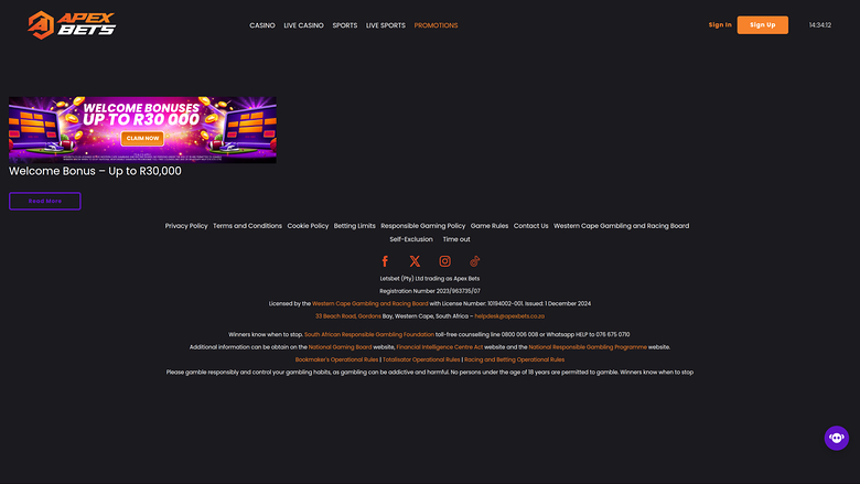 Apexbets Casino — Promotions page