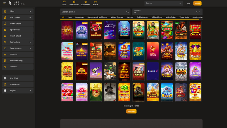 A casino lobby screen showing a grid of game tiles with a left sidebar menu and a top bar containing search and login controls.