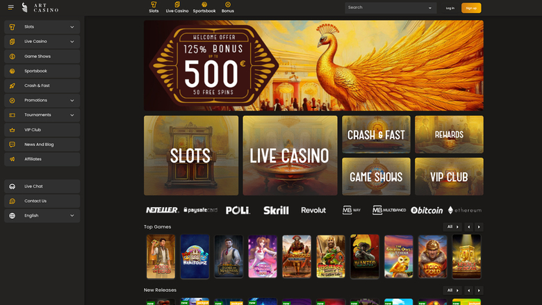 An online casino homepage with a left sidebar menu, a welcome bonus hero banner, category tiles, payment provider logos and rows of game thumbnails.