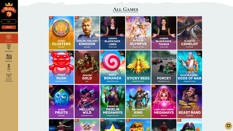 Avalon78 Casino — Games lobby