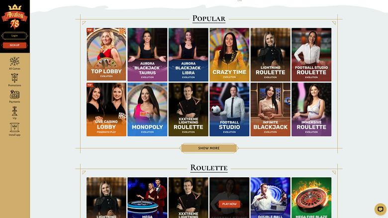 Avalon78 Casino — Live dealer lobby