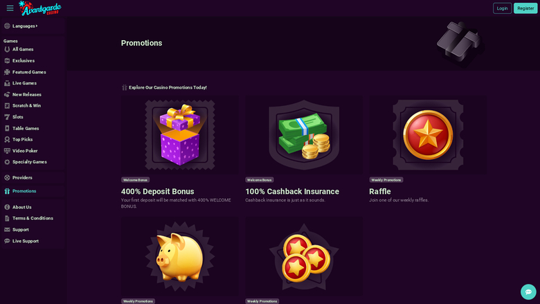 Avantgarde Casino — Promotions page