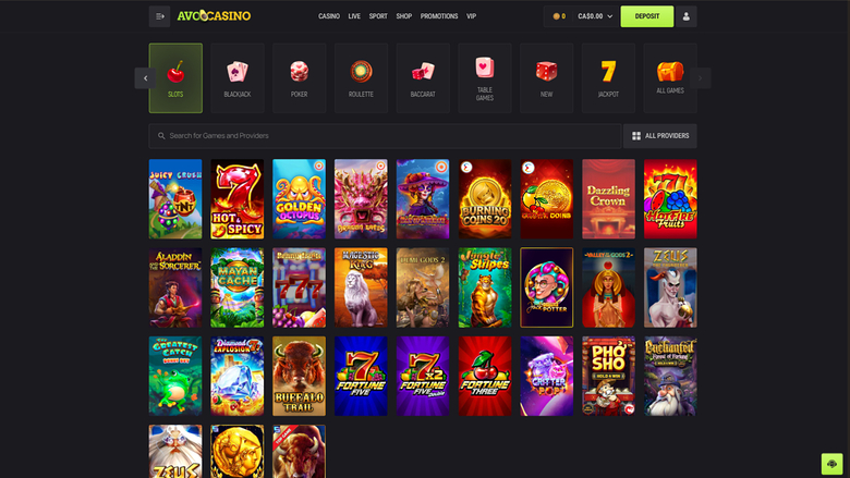 An online casino lobby page showing a top navigation bar, a category row, a search field and a grid of game tiles.