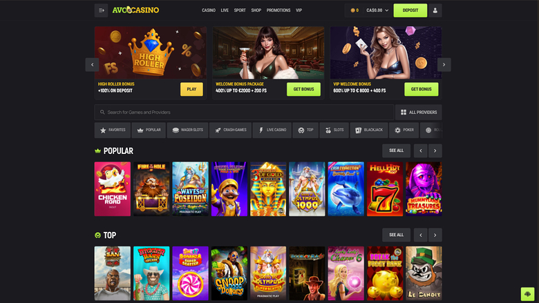 An online casino lobby homepage showing a top navigation bar, three promotional banners, a search and category filter row, and two rows of game tiles labelled P