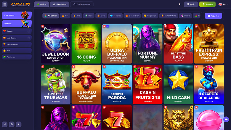 An online casino lobby screen showing a grid of game tiles with a left sidebar menu and a top navigation bar.