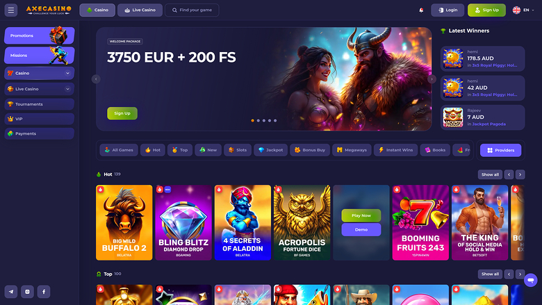 {"summary":"An online casino lobby screenshot showing a welcome bonus hero banner, a left sidebar menu, a latest winners panel, category filters and rows of gam
