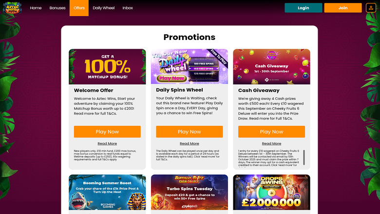 Aztec Wins Casino — Promotions page