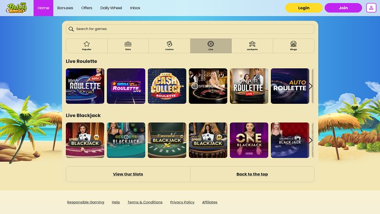 Balmy Bingo — Live dealer lobby