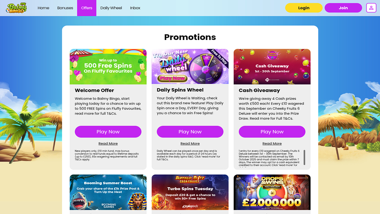 Balmy Bingo — Promotions page