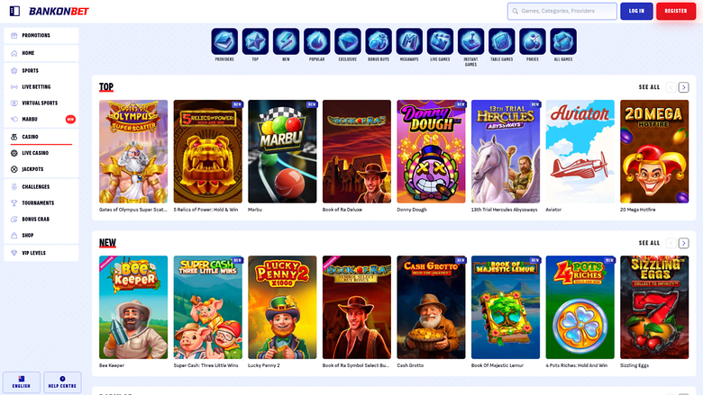 A Bankonbet online casino lobby page showing a left sidebar menu, a top row of game category icons, and two horizontal rows of game tiles labelled TOP and NEW.