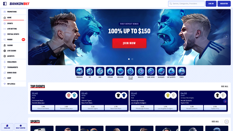 A Bankonbet casino homepage showing a first deposit bonus hero banner, a row of game category icons, top betting events and a sports section.