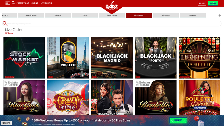 Barz Casino — Live dealer lobby