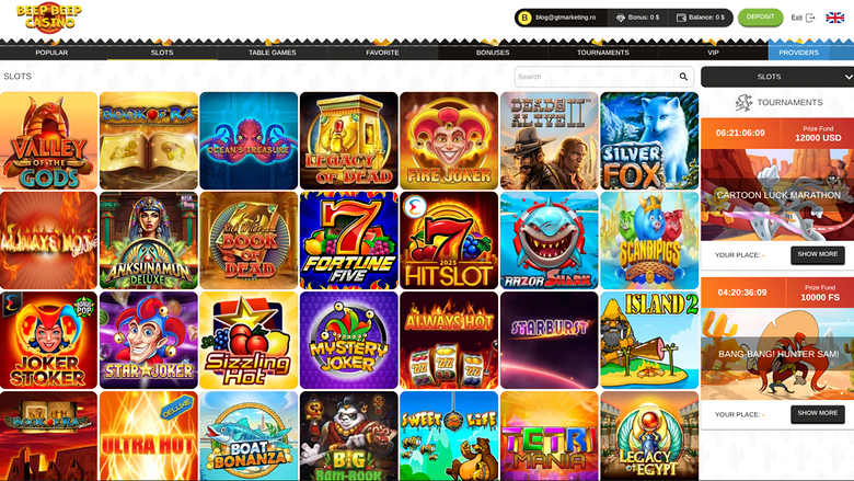 A casino lobby screen showing a grid of slot game tiles with a top navigation bar and a right-hand tournaments sidebar.
