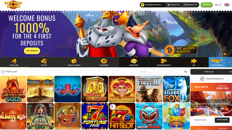An online casino lobby screen showing a welcome bonus banner, a horizontal category menu, a grid of game tiles and a right-hand sidebar with tournaments.