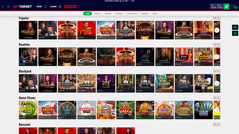Bet Target Casino — Live dealer lobby