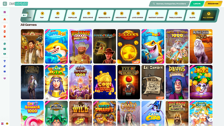 An online casino lobby screen showing a grid of game tiles under an 'All Games' heading with category tabs above.